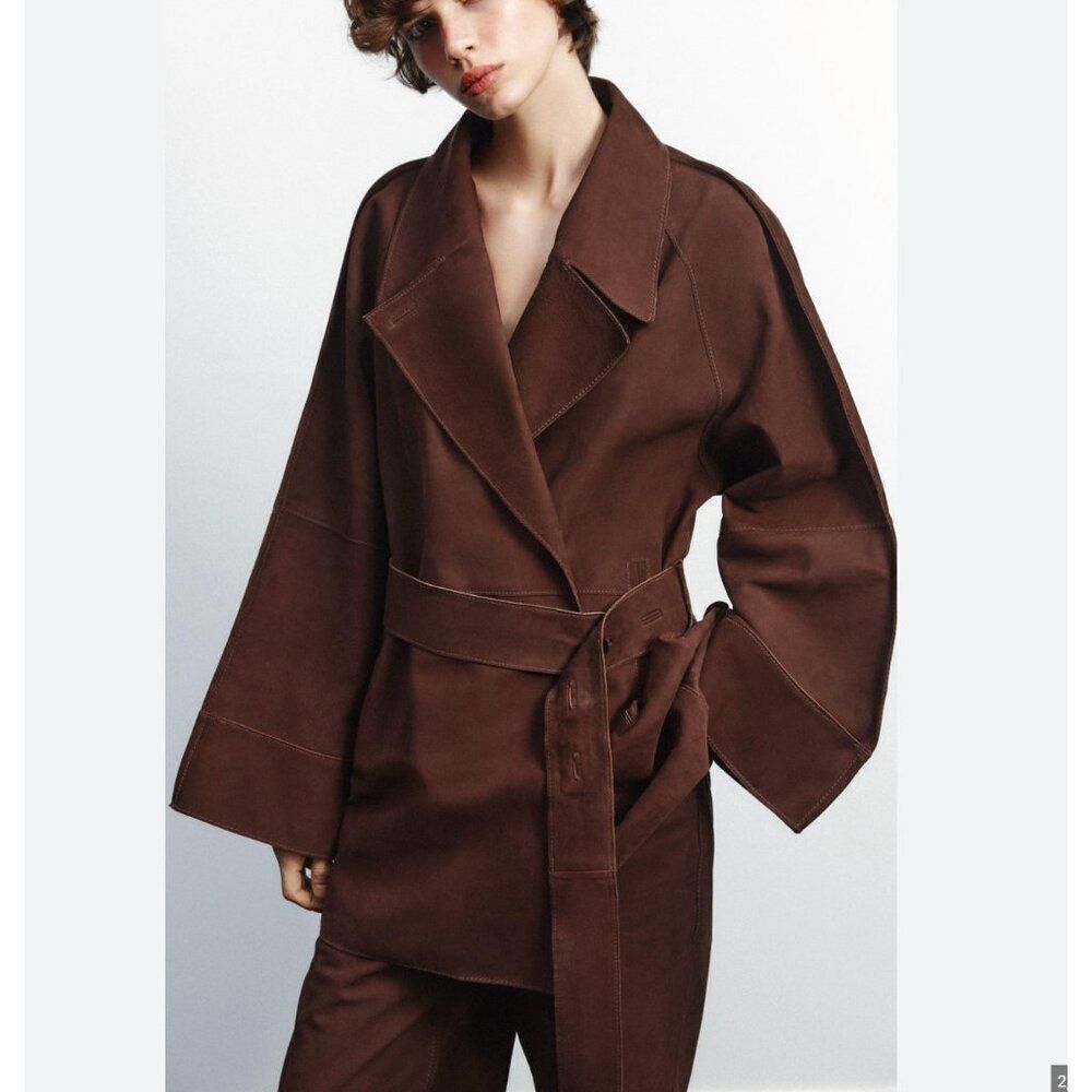 Zara Womens Suede Leather Trench Coat Jacket Brown M Oversized NWT 3461/763